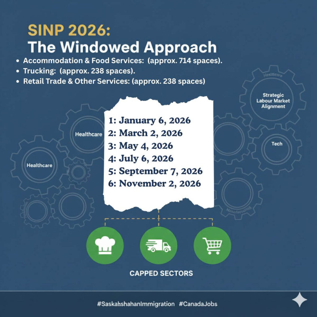A strategic immigration graphic for the 2026 Saskatchewan Immigrant Nominee Program (SINP). The image illustrates the "50-25-25" nomination allocation rule. It displays a priority sector group on the left representing Healthcare, Tech, and Agriculture, while the right side features an infographic for capped sectors (Trucking, Retail, and Accommodation) with their specific 2026 application window dates. The design emphasizes that overseas candidates now have more opportunities for Canadian PR.